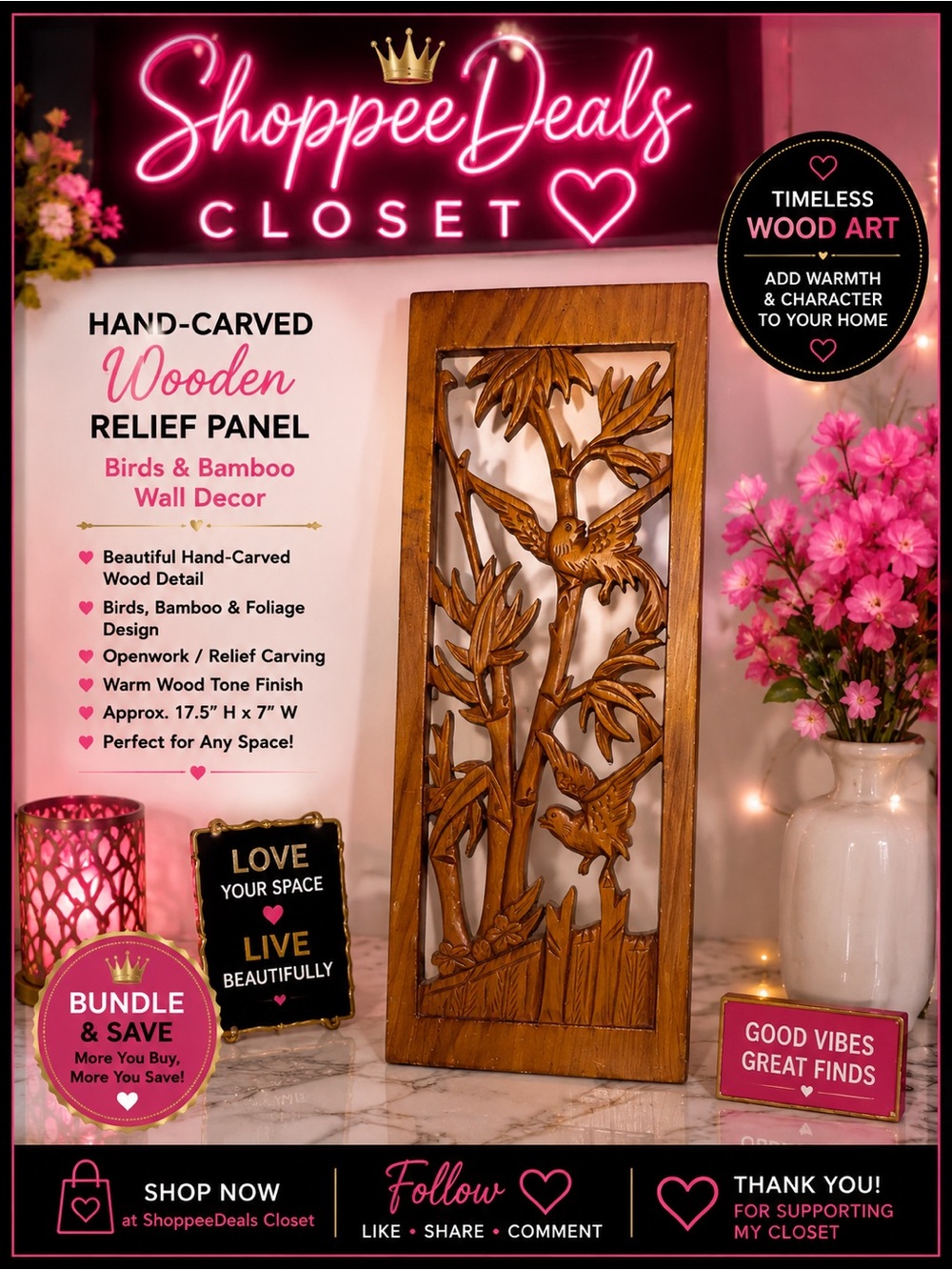Hand-Carved Wooden Bird & Bamboo Relief Wall Panel